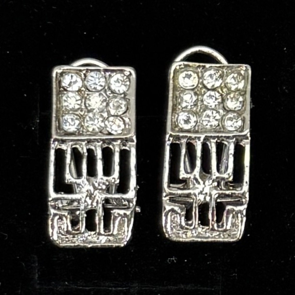 Silvertone Rectangular Bling Omega Back Pierced E… - image 1